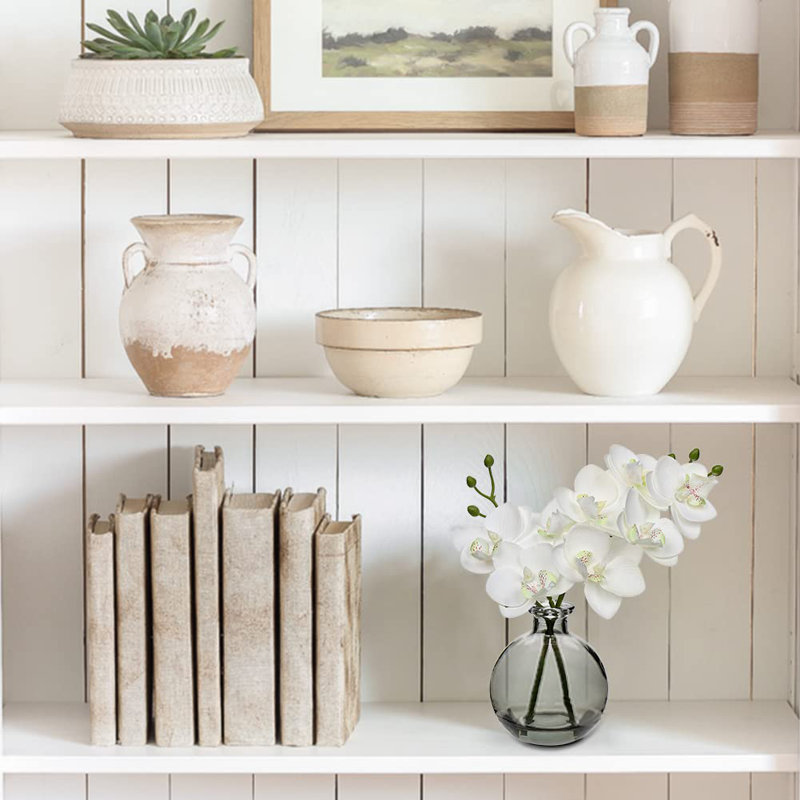 Orchidées artificielles, ensemble de 2 fausses orchidées avec vase en verre noir / vase noir, Blanc