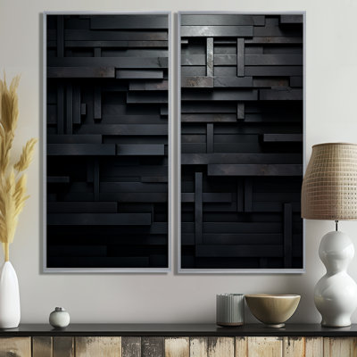 Black Brick Cube Dimensions V - Abstract Geometric Wall Art, Set of 2 Prints on Canvas