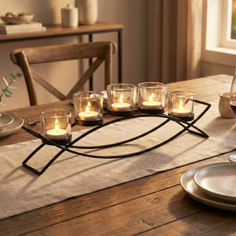 Iron Arch Candle Holder Table Centerpiece, Black/Clear