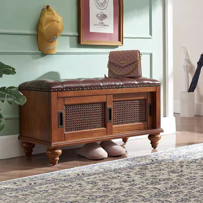 Banc rembourré en cuir véritable brun noisette
