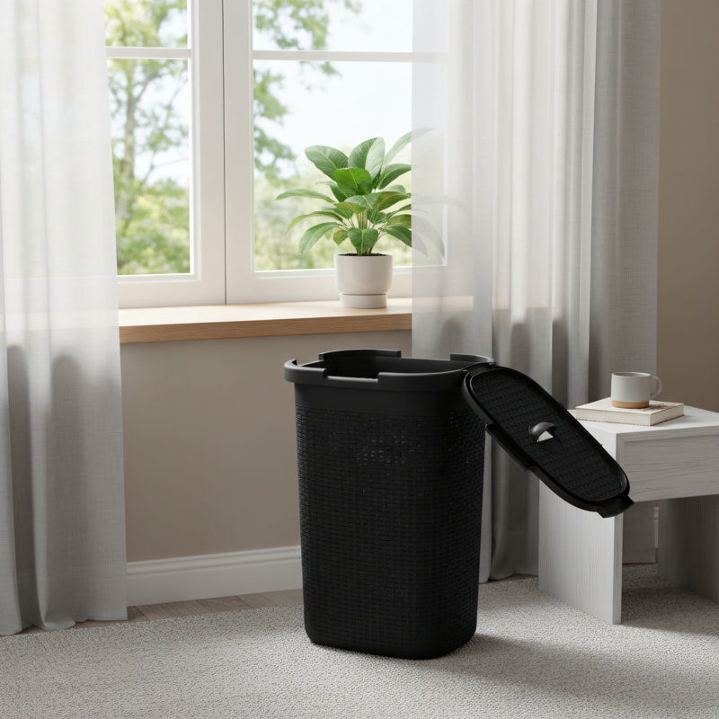 60L Ultra-Thin Plastic Laundry Basket With Lid, Made Of Rattan, Black, Dimensions 17.66×13.77×24.17 Inches, Suitable For Various Storage Needs.