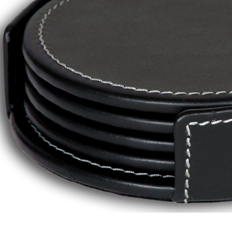 Ensemble de quatre sous-verres ronds en cuir avec porte-rustique noir de série 3200