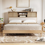 Rattan Full Bed Frame With Sliding Door Shelf Headboard, Bohemian Rattan Bed Frame Full Size With Shelves