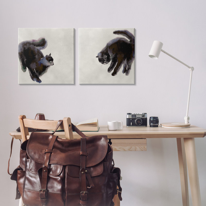 «Fuzzy Black Cats on 2 PC», ensemble d'art sur toile par Melissa Wang, H 17 po x l 17 po