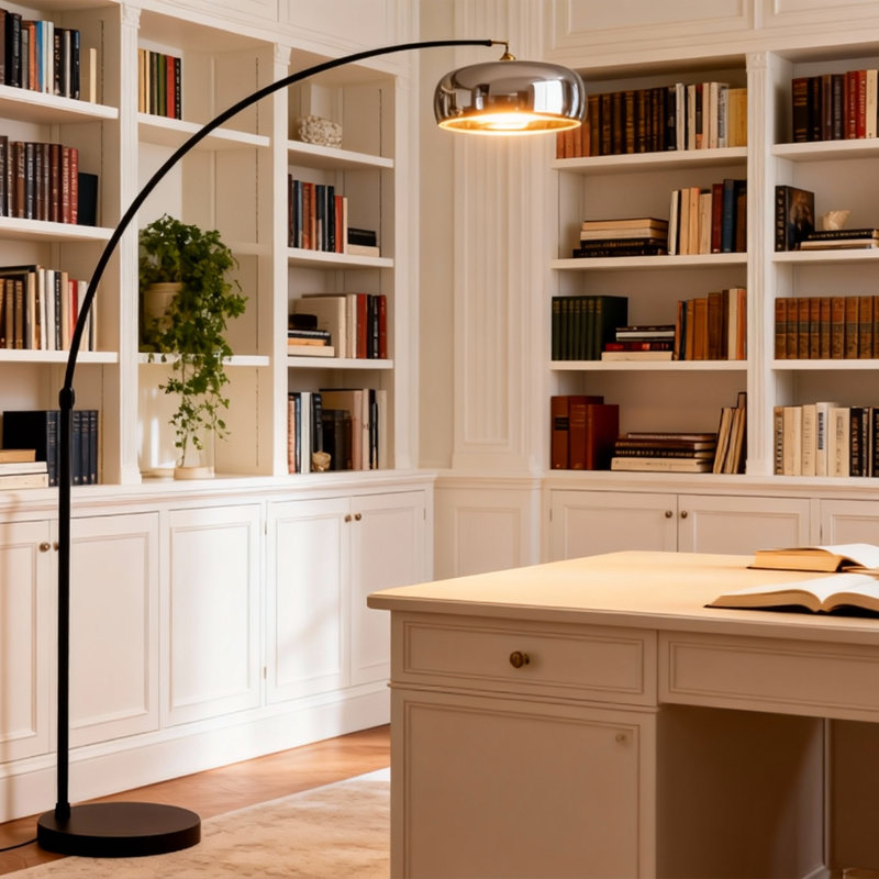 La lampe sur pied avec abat-jour en verre ambré avec un mât arqué au design moderne et minimaliste ajoute une atmosphère chaleureuse à l'espace.
