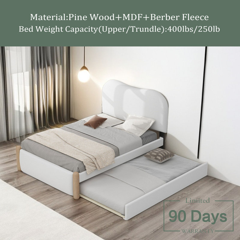Lit plateforme simple tapissier avec pieds de support en bois et lit gigogne simple, Blanc
