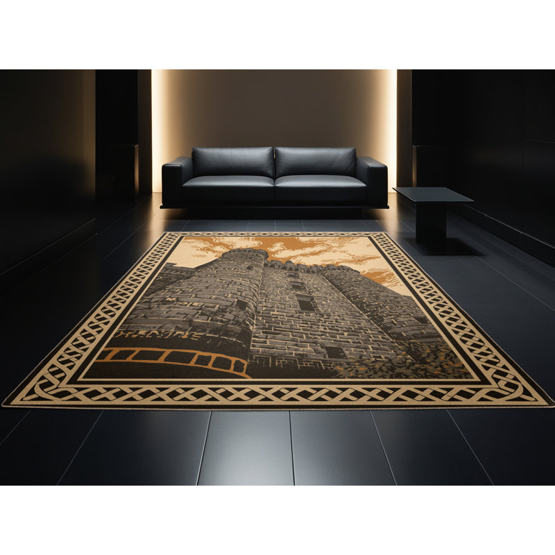 Soft Plush Rodolfo Edinburgh Castle Traditional Block Print Area Rug in Brown – Beige Binding, 2x4