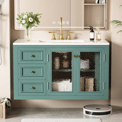 Lake Bathroom Vanity, 36" With 3 Drawers, Privacy Glass Door, Chic Style Storage Cabinet Ceramic Sink, Spacious & Elegant