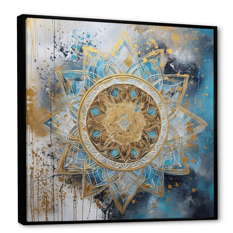 Bleu et or Mandala II - impression, 16" H x 16" W, Cadre flottant noir