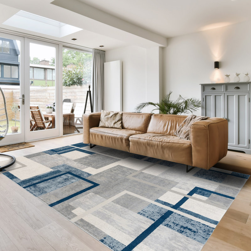Ethan Abstract Geo High-Low Indoor Area Rug, Modern Blue Polyester/Polypropylene – Living Room & Bedroom