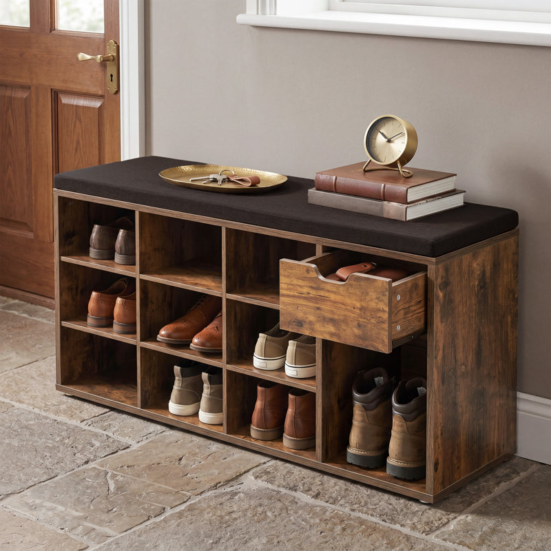 10 Pair Shoe Storage Bench With Drawer, Rustic Brown/Brown
