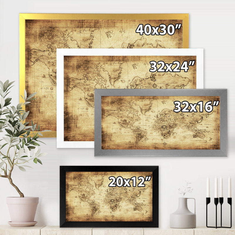 Ancienne carte du monde IV - reproduction d'art sur toile, Doré, H 24 po x l 32 po x P 1 po