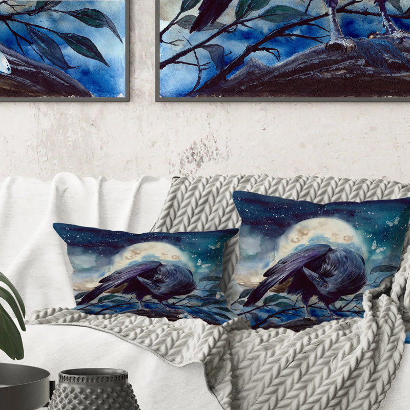Coussin Raven sur une branche d'arbre avec lune brillante - imprimé traditionnel 1