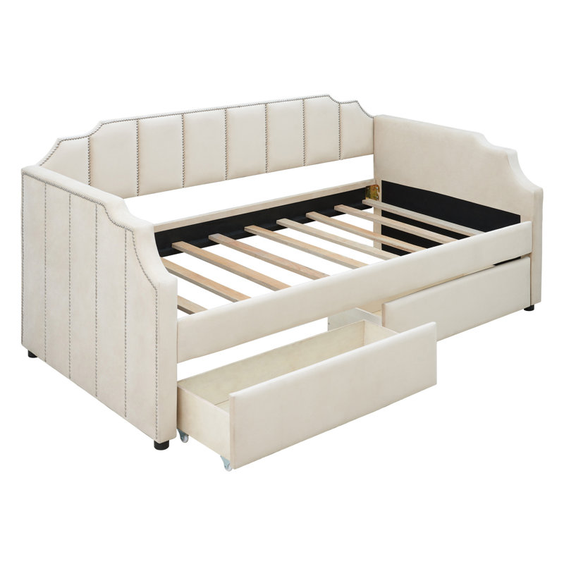 Twin Size Upholstered Daybed With Drawers, Wood Slat Support, Beige