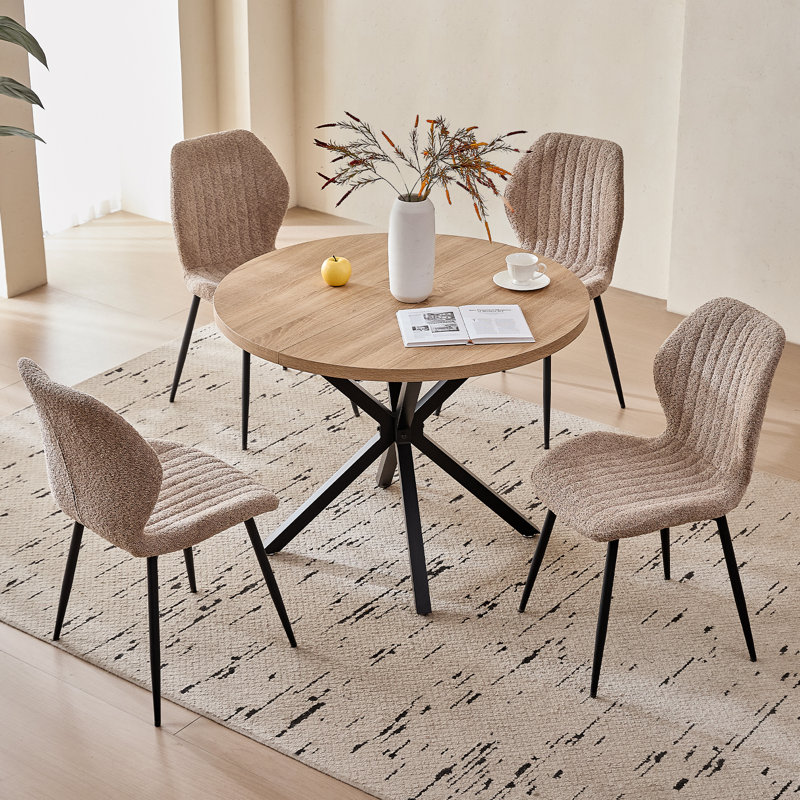 5-Piece Modern Round Dining Set, 39.4" Table With 4 Boucle Dining Chairs, Brown, Natural