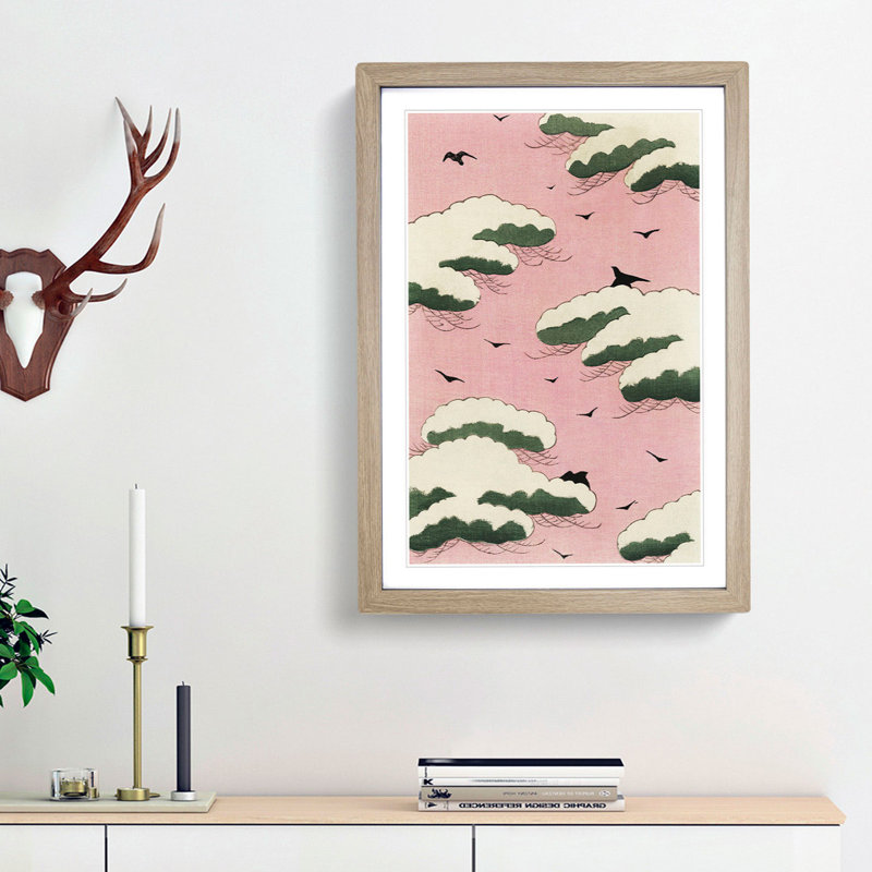Birds in a Pink Sky by Watanabe Seitei - Picture Frame Painting Print, Oak Framed, 36cm H x 27cm W x 2cm D