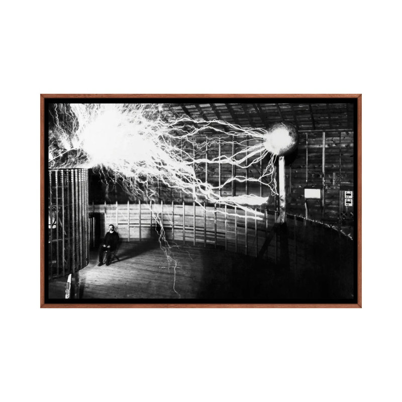 «Tesla Coil Experiment», vers 1899 - reproduction d'art mural - toile encadrée, 40 po x 26 po, Toile avec cadre, Brown