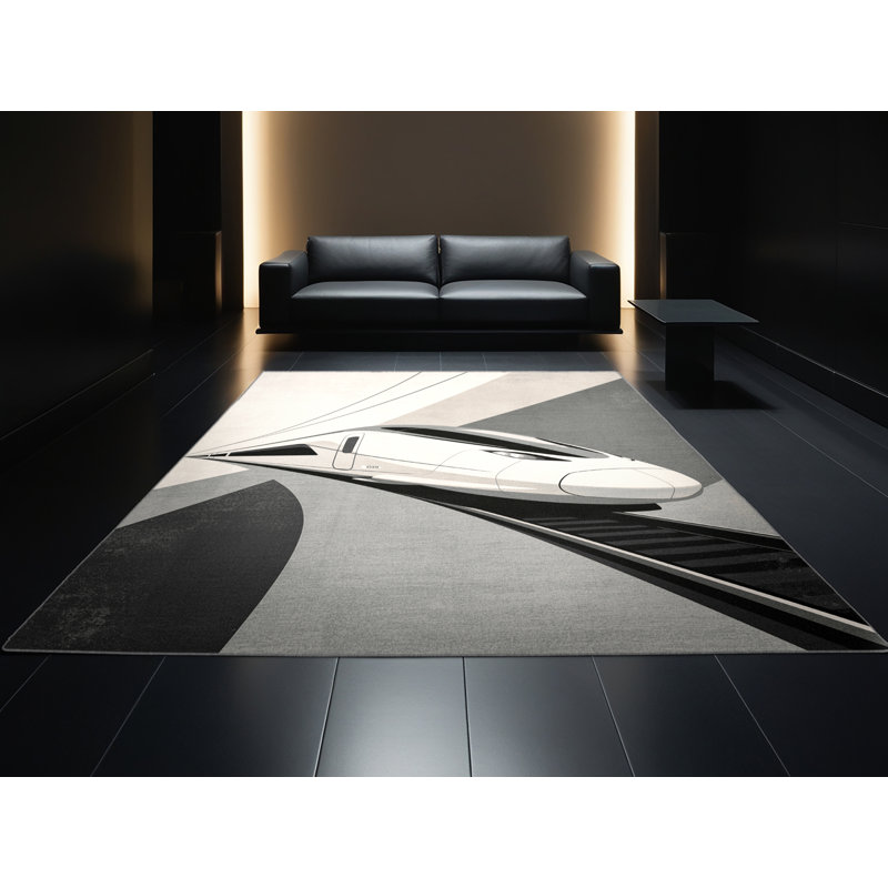Machine Washable Vehicles And Transportation Modern Passenger Train Modern & Contemporary Rug in Beige – Gray Binding, 2x3