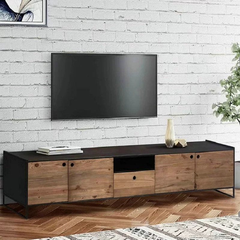 Meuble télé en bois massif avec tablette ouverte et pieds en métal, H 20,07 po x L 82,67 po x l 15,74 po