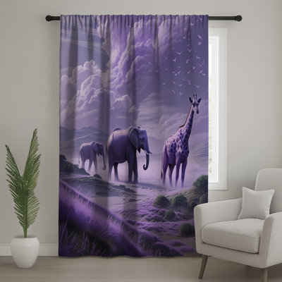 Rideaux de fenêtre mauve à motif de savane mauve, éléphants et rideaux occultant - 1 panneau
