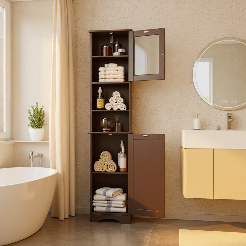 Natyra Freestanding Linen Cabinet, Tall Bathroom Cabinet, with a Drawer, Adjustable Shelves, Dark Brown