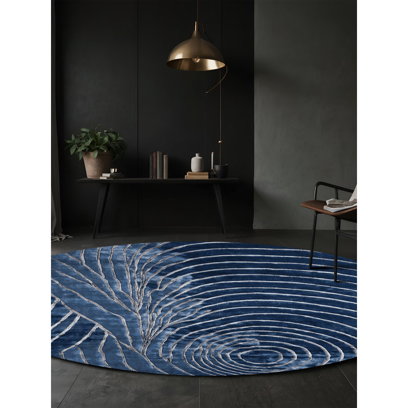 Tapis bleu soyeux et moelleux, Rond 3 pi