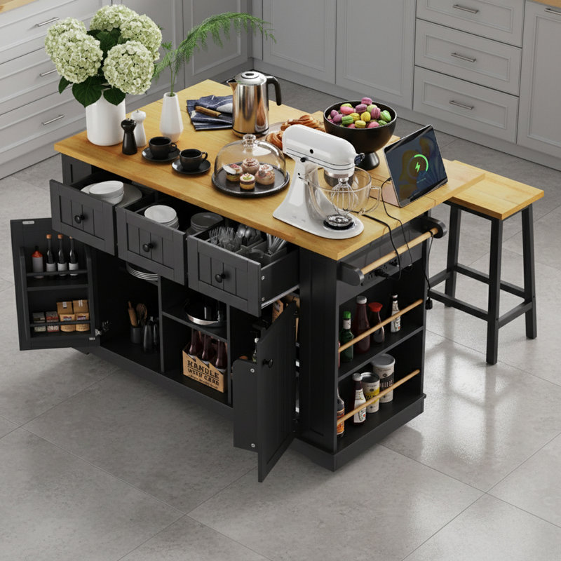 Îlot de cuisine à tablettes ouvertes avec rallonge et prise de courant, Noir
