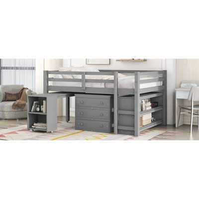 Low Study Full Loft Bed with Cabinet ,Shelves and Rolling Portable Desk ,Multiple Functions Bed- Grey