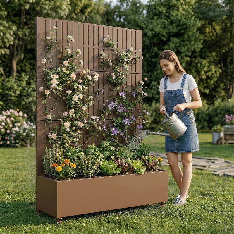 Lit de jardin en métal avec treillis et roulettes H 6 pi x l 4 pi - brun, Brun