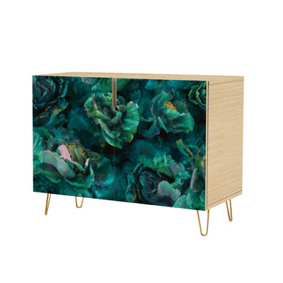 Sideboard Buffet Cabinet with Storage Gallery Inspired Botanical Floral Green Gradient Art Print with 2 Doors for Living Room and Kitchen