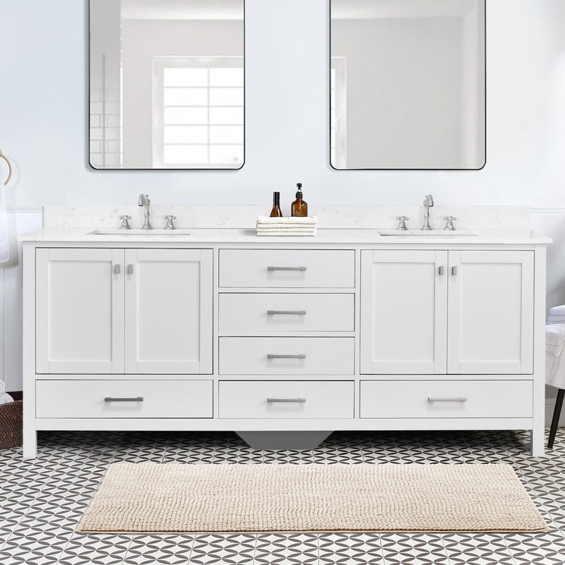 Meuble-lavabo double 84 po avec plateau en pierre reconstituée Render, Blanc
