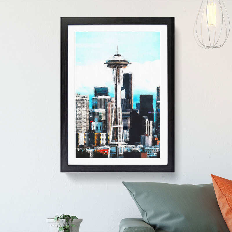 Space Needle In Seattle Washington Painting - Framed Print, 33cm H x 24cm W x 2cm D, Black Framed