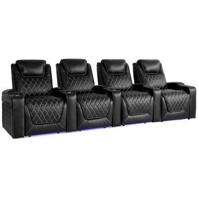 130.75" Wide Genuine Leather Power Reclining Home Theater Seating with Cup Holder