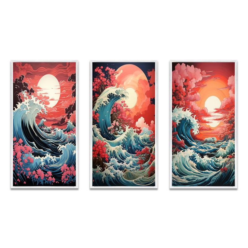 «Dramatic Ocean Waves», 3 pièces sur toile, Cadre flottant blanc, H 20 po x l 36 po