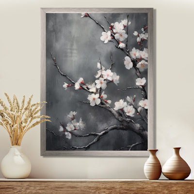 Fleurs de cerisier blanches sur 20 nuances de gris - impression sur toile encadrée cerisier
