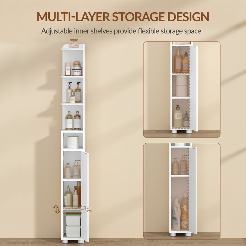 Slim Bathroom Storage Unit, Narrow Bathroom Storage Unit, Open and Closed Dual-Zone Design, Adjustable Shelves 