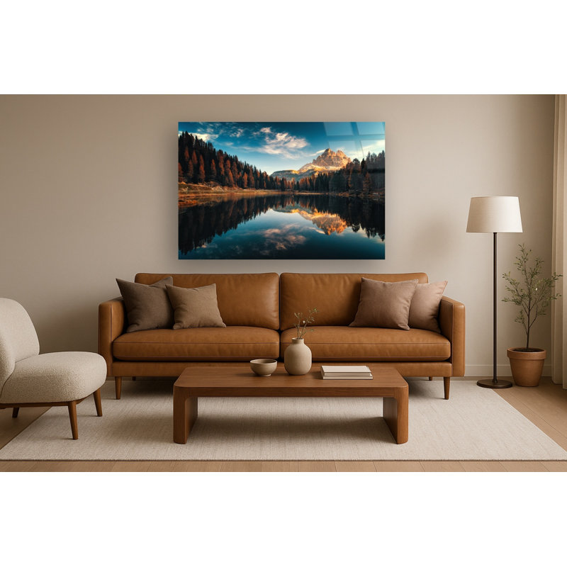 Art mural en verre trempé sans cadre Mountain Reflection - 60 po x 40 po