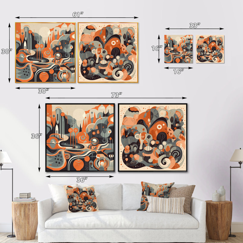 Evolving Abstractions - Ensemble de 2 collages carrés modernes Mid-Century, Cadre flottant doré, H 36 po x l 73 po