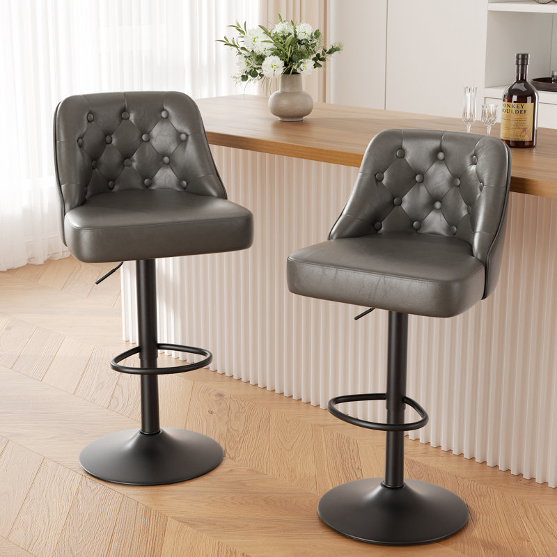 360-Degree Rotatable Faux Leather Bar Stool With Button Stitching, Dark Gray