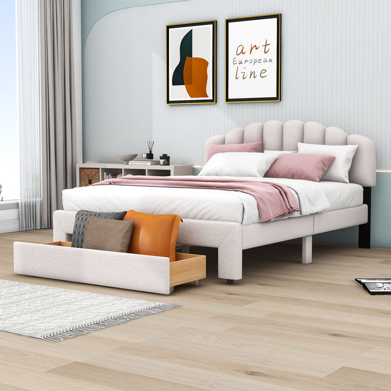 Lit plateforme avec rangement Layhew, Beige