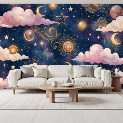 Papier peint adhésif Boho céleste ciel nocturne étoiles dorées Lunes planètes nuages murales H 69 po x l 96 po amovible papier peint mural auto-adhésif pour chambre d'enfant chambre d'enfant salon