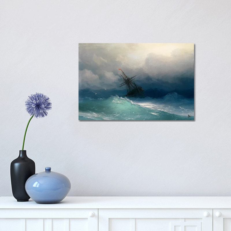 Bateau sur une mer orageuse - peinture sur toile tendue, H 12 po x l 18 po x 1,5 po