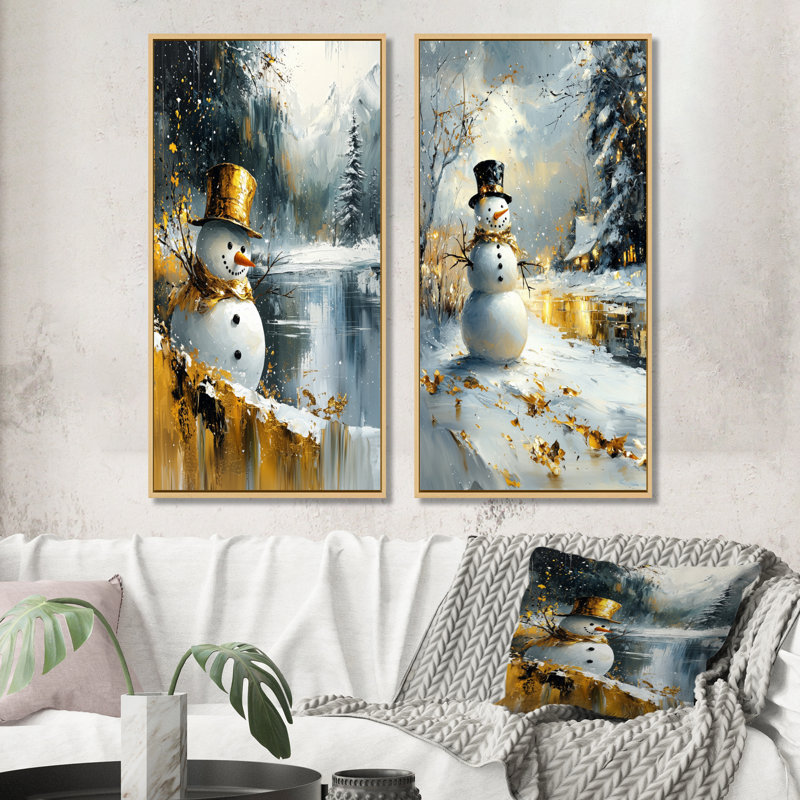 Bonhomme de neige de Noël dans des tons d'or et de blanc I - ensemble d'art mural de bonhomme de neige de Noël 2 pièces