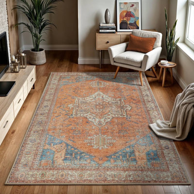 Collection traditionnelle GLN Rugs - tapis lavable à la machine, tapis traditionnel lavable, tapis lavable antidérapant, tapis de salon en chenille à poils courts, tapis de chambre à coucher, tapis de cuisine (tapis orange brûlé)