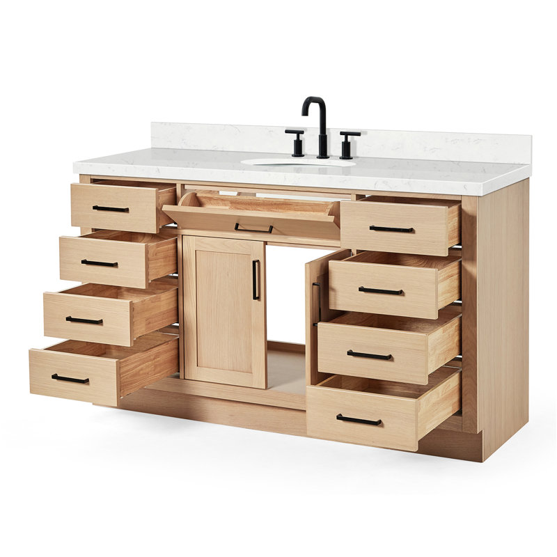 Thornaby Solid Wood Single Bathroom Vanity with 1.5'' Carrara Quartz Top, Natural Oak, Oval