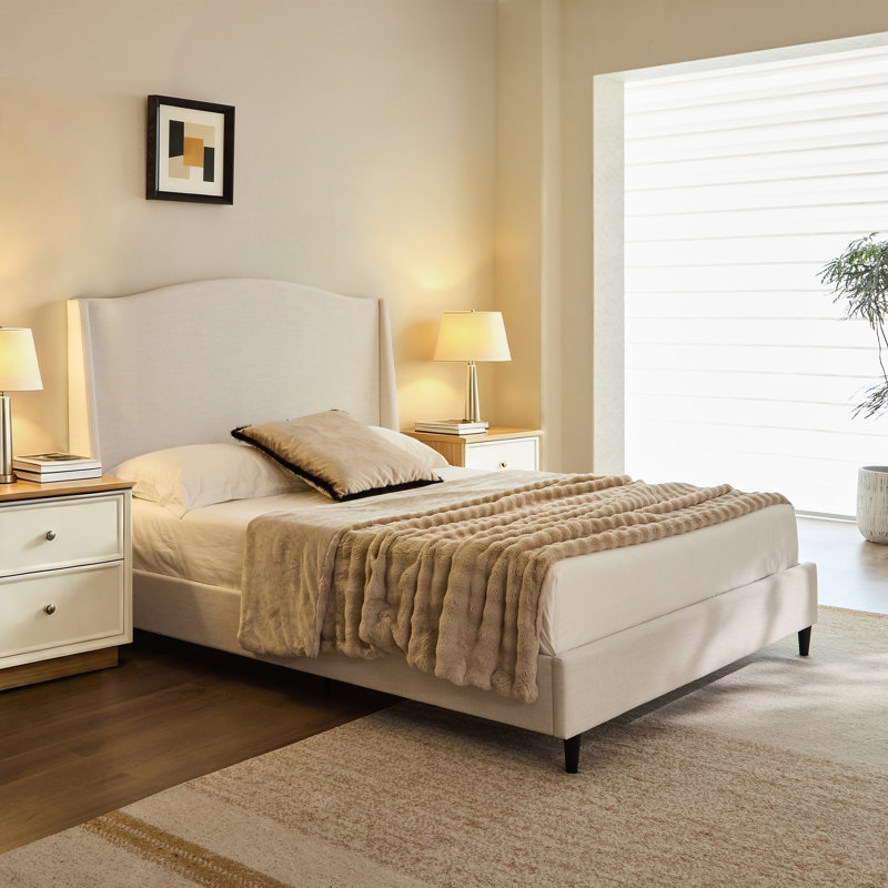 Ana Upholstered Wingback Platform Bed with Curved Headboard, King, Ivory