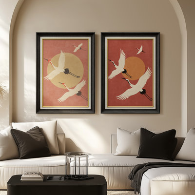 Flying Crane Pair Retro Minimal Graphic - Set of 2 Premium Framed Wall Art Print on Paper 26"x36"