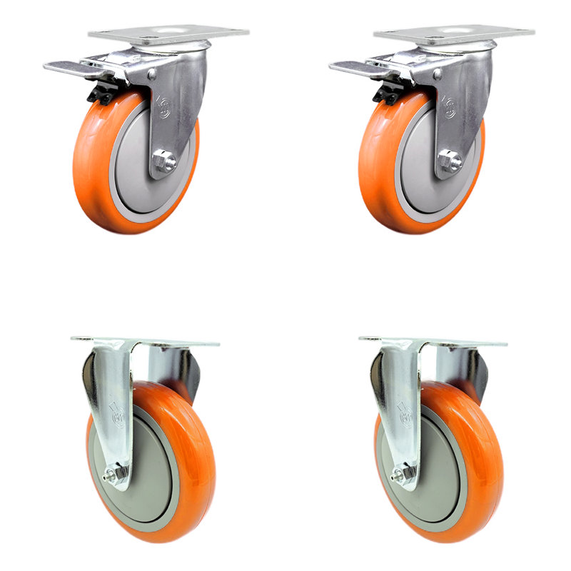 Ensemble de roulettes 5 pouces en polyuréthane pivotant 5 plaques, Orange