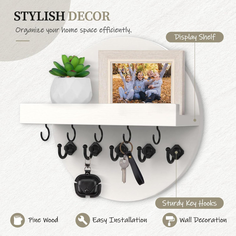Key Holder Wall Mount, Mail And Key Organizer Wall Mounted, 9.8 Inch Round Wooden Rustic Wall Shelf For Entryway, Hallway, Kitchen, Office (Light Brown)