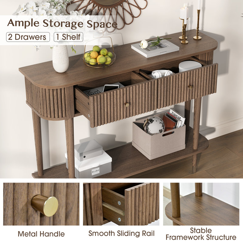43" Entryway Table With Drawers, Fluted Console Table With Storage Shelf, Narrow Sofa Table For Living Room, Hallway, Foyer, Walnut